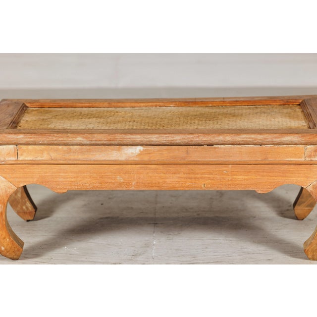 Wood Country Style Low Wood Coffee Table with Woven Mat Top and Curved Legs For Sale - Image 7 of 12