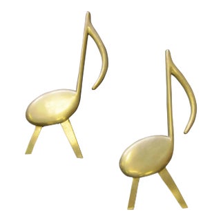 1940s Mid Century Modern Solid Brass Musical Note Andirons - a Pair For Sale