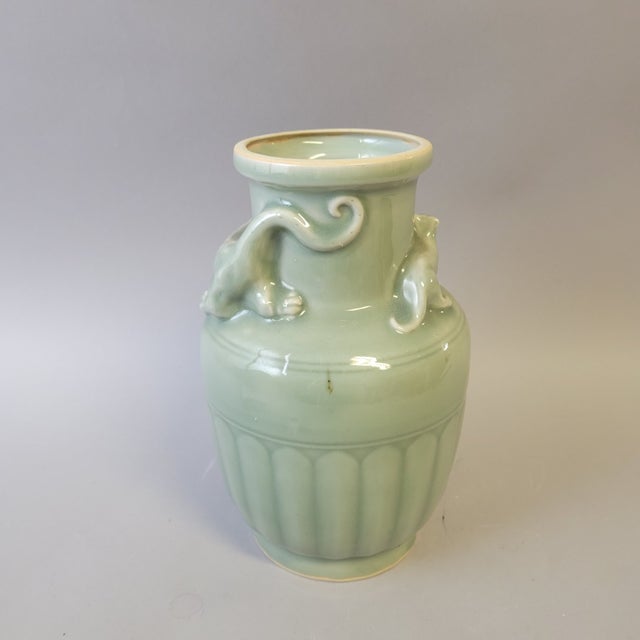 Vintage Chinese Celadon Vase With Tiger and Cub Motif For Sale - Image 4 of 9