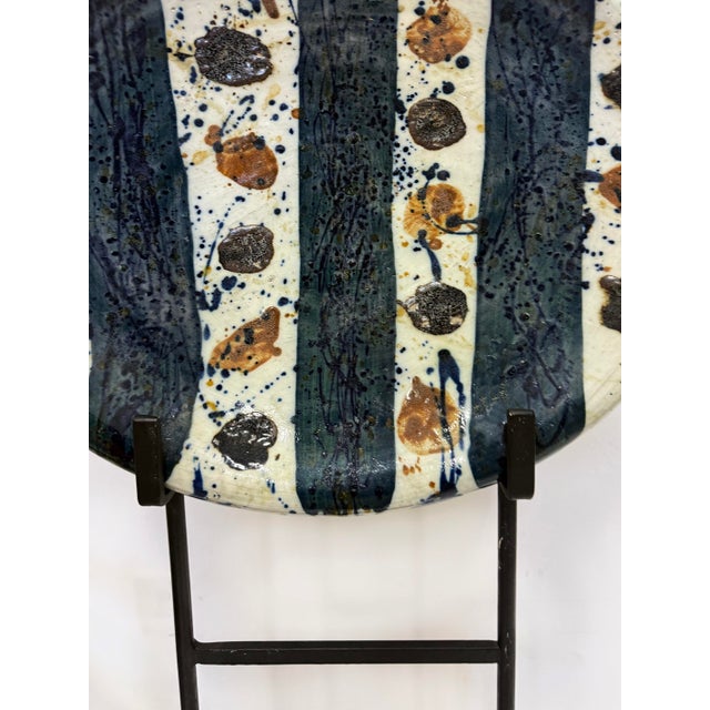 Navy Blue Monumental Decorative Studio Pottery Charger on Iron Stand by Josef Zala, 1987 For Sale - Image 8 of 11