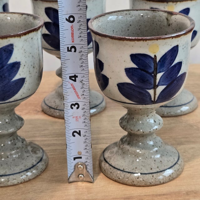 Mid-Century Modern Mid 20th Century Otagiri Mid Century Modern Blue Floral Stoneware Chalice Pedestal Goblets Wine Glasses - Set of 5 For Sale - Image 3 of 9