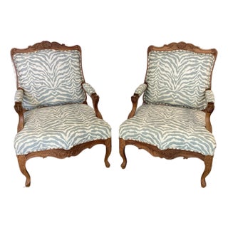French Walnut Fauteuils Newly Upholstered in Stroheim Animal Print For Sale