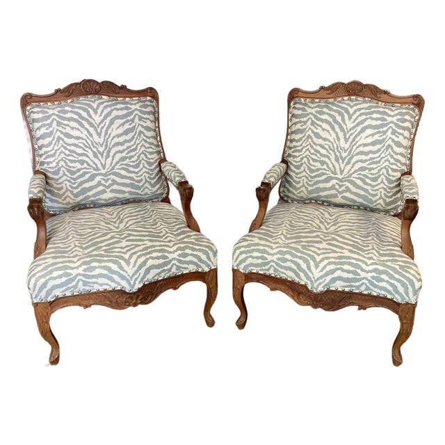 French Walnut Fauteuils Newly Upholstered in Stroheim Animal Print For Sale