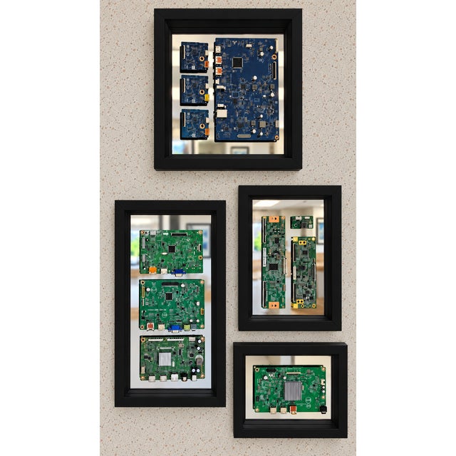 Authentic Vintage Computer Circuit Board Art on Mirror Set of Four / Black Shadowbox Frames For Sale In Milwaukee - Image 6 of 6