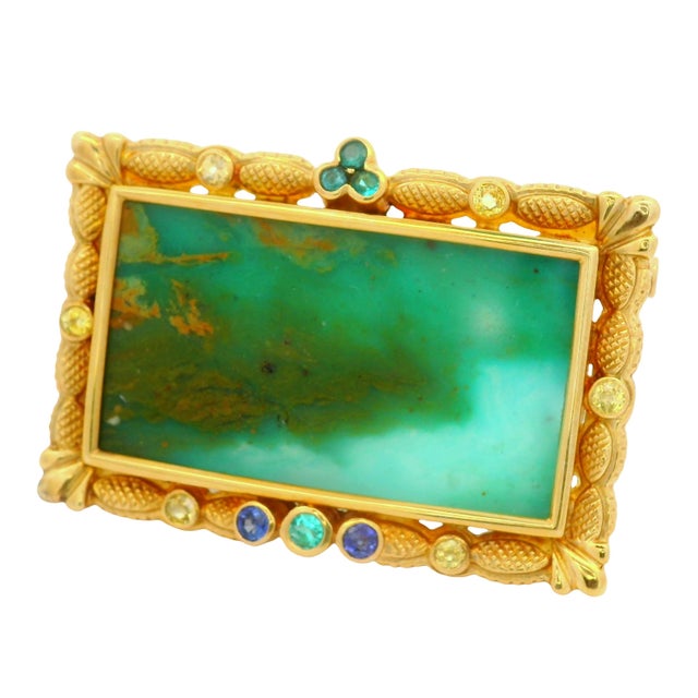 Contemporary 21.75 Carat Opal Sapphire Paraiba 18k Yellow Gold Portrait Brooch-Pendant For Sale - Image 3 of 6