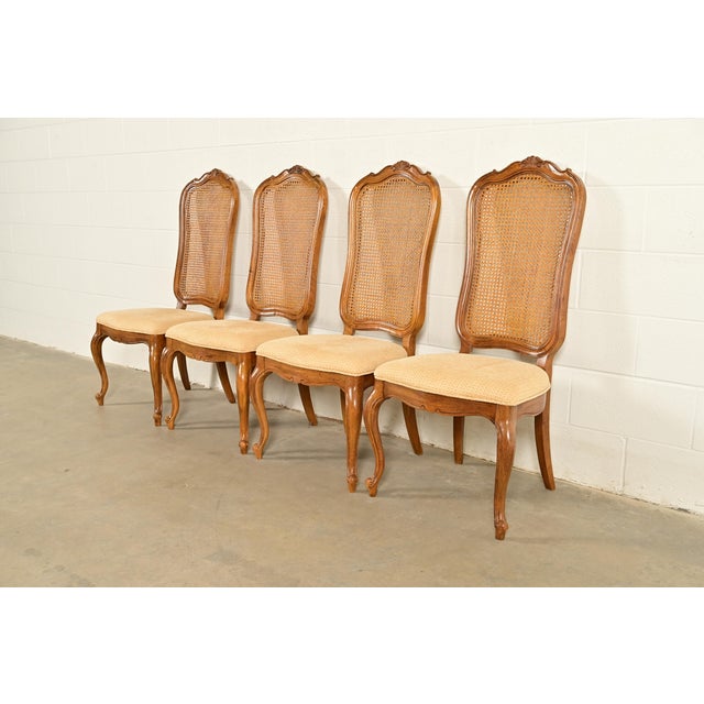 French Provincial Thomasville French Provincial Louis XV Carved Walnut and Cane Back Dining Chairs, Set of Four For Sale - Image 3 of 13