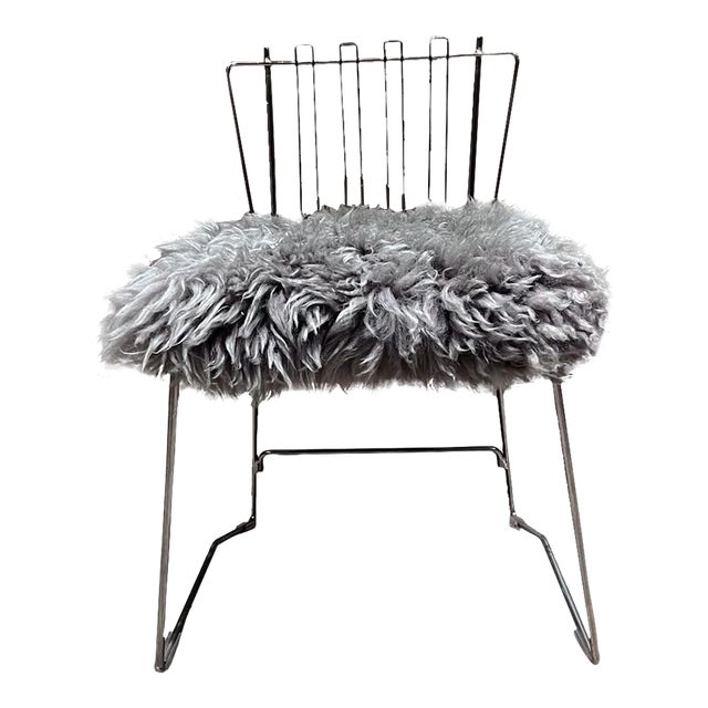 Folding Brass Side Chair Furry Gray Faux Lambskin For Sale