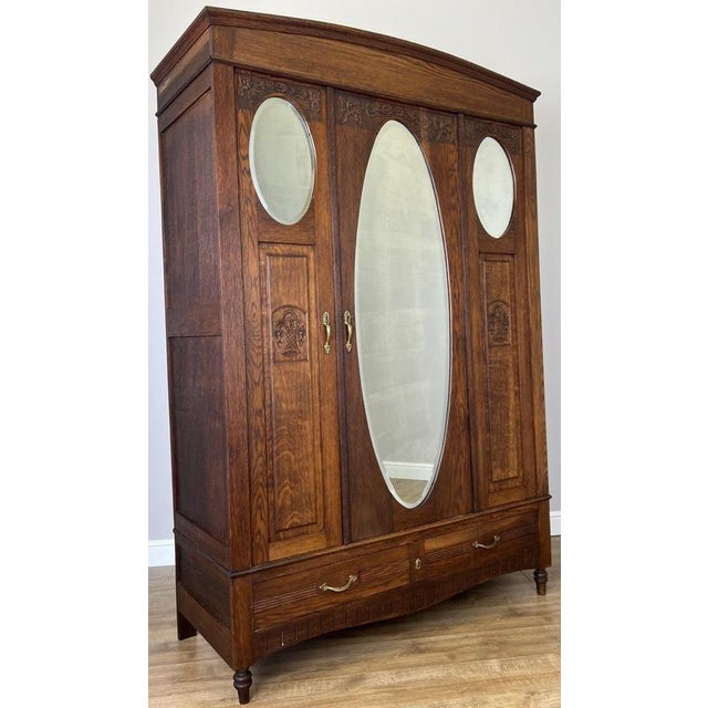 Antique French Carved Oak 2-Door Mirrored Armoire For Sale - Image 3 of 12