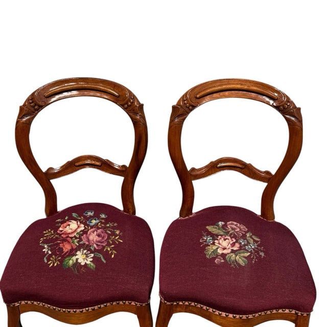 Late 19th Century Pair Antique C1880 Victorian Walnut Side Chairs Needlepoint French Polished For Sale - Image 5 of 18