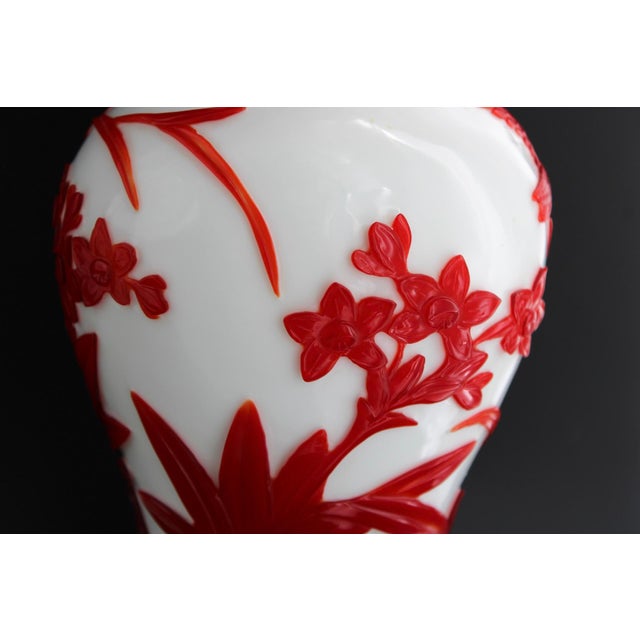 Red Antique Chinese Red and White Peking Glass Vase, Hand Carved, C1900, 10.75” For Sale - Image 8 of 12