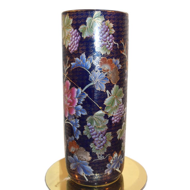 Big blue porcelain vase Traditional Kintsugi with 24 carat gold Unique piece Signed by Maker