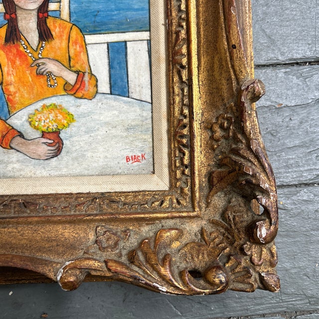 Folk Art 1960’s Original Folk Art Paris School Style Female Portrait / Seascape Painting Fancy French Frame For Sale - Image 3 of 6