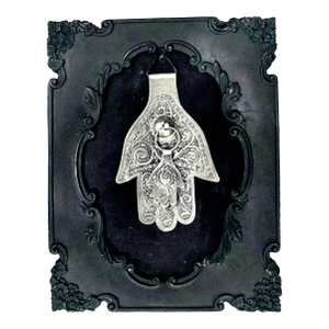 Hamsa, the Hand of Fatima Vintage Handmade Moroccan Engraved Silver Metal Wall Plaque in Black Ornate Frame