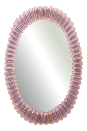 Mid-Century Modern Italian Oval Mirror in Brass and Pink Murano Blown Glass, 2000