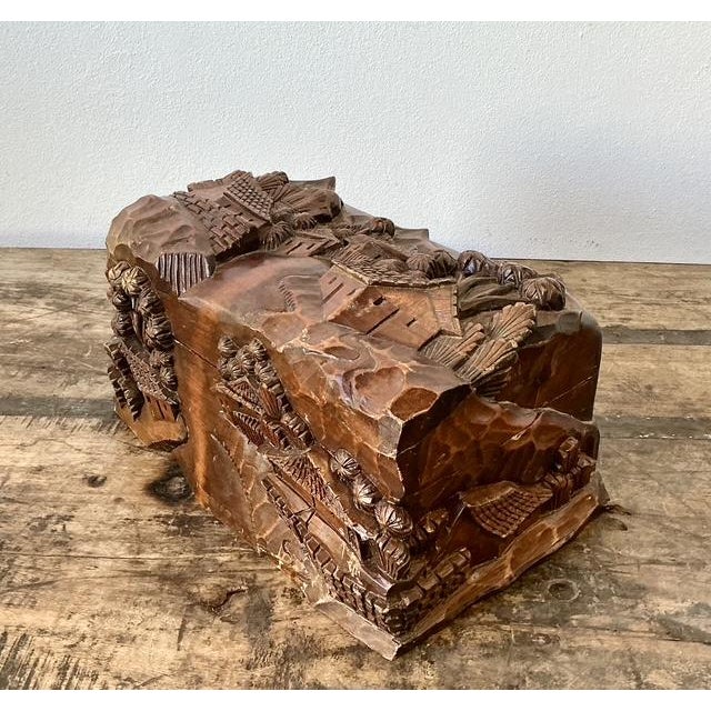 Chinoiserie Vintage Hand Carved Asian Landscape Wood Box For Sale - Image 3 of 12