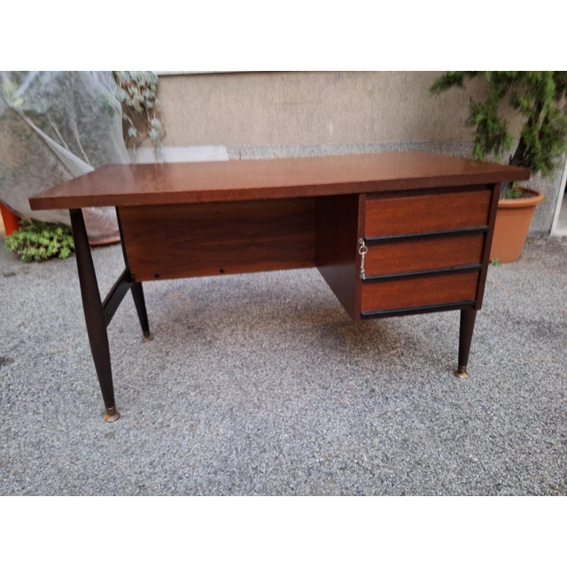 Desk in Wood and Brass with Chest of Drawers from Schirolli Mantova, 1950s, in Very Good conditions. Designed 1950 to 1959...