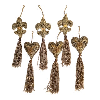 Set of 6 Embroidered & Beaded Tassel Ornaments in Teal, Bronze & Gold For Sale