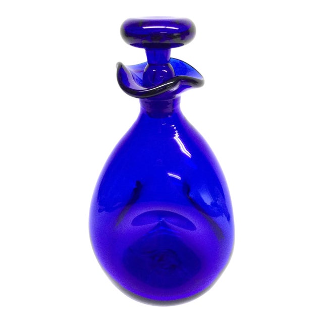 1950s Cobalt Blue Glass Hand Blown Heavy Carafe For Sale