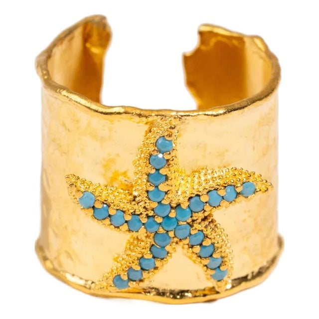 Turquoise Starfish Gold Adjustable Cuff Ring, Size 8 For Sale