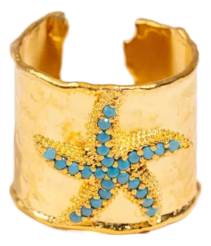 Turquoise Starfish Gold Adjustable Cuff Ring, Size 8