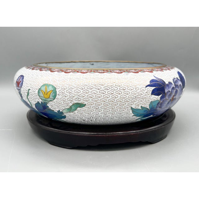 Large Cloisonné Floral Bowl With Peony Motif on Carved Wood Stand — Chinoiserie / Asian Traditional For Sale - Image 10 of 18