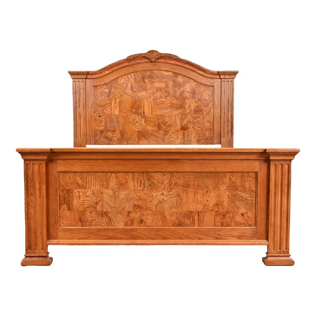 Contemporary Neoclassical Oak and Burl Wood Queen Size Bed by Pulaski