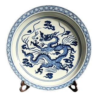 Chinese Ceramic Plate,Xuande Marked Blue and White Porcelain Plate Hand Painted Dragon Pattern For Sale