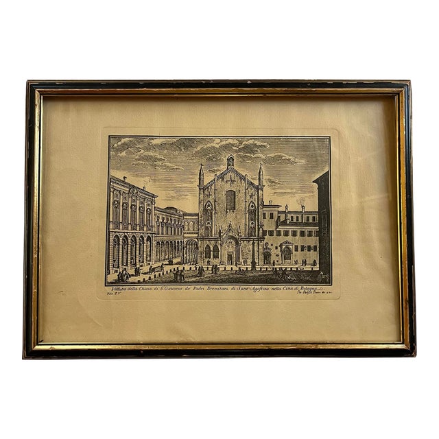 Late 19th Century Antique Engraving Pio Panfili Veduta Della Chiesa Di Giacomo, Bologna, Framed For Sale