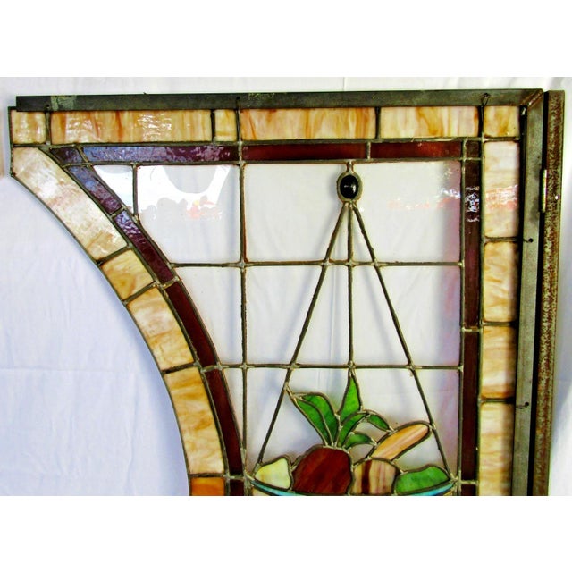 Gold Pair Antique 19th-Century Art Nouveau Arced Framed Leaded Stained Glass Windows For Sale - Image 8 of 16