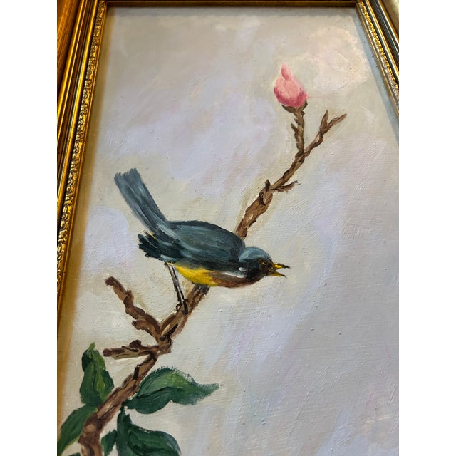 Raspberry Pink 1950s Untitled Vintage Framed Signed Painting of Pink Magnolia and Blue Bird For Sale - Image 8 of 10