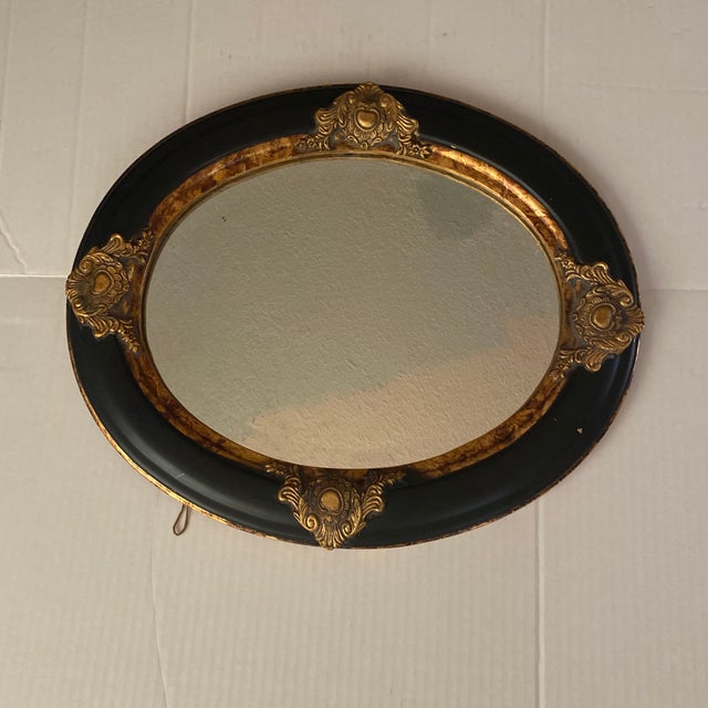 Mid 20th Century Vintage Oval Convex Mirror With Black and Gold Ornate Wooden Frame. For Sale - Image 5 of 12