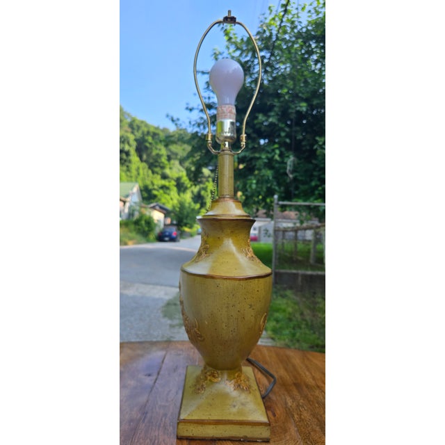 Vintage Hollywood Regency Floral Urn Table Lamp With Green Shade For Sale - Image 11 of 12