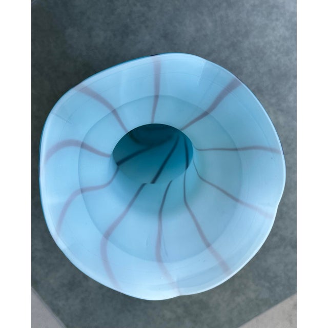 Sky Blue Encased Glass Vase 12” Deep Sky Blue W/Purple Stripes, Elegant Silhouette, Handmade Whimsical For Sale - Image 8 of 12