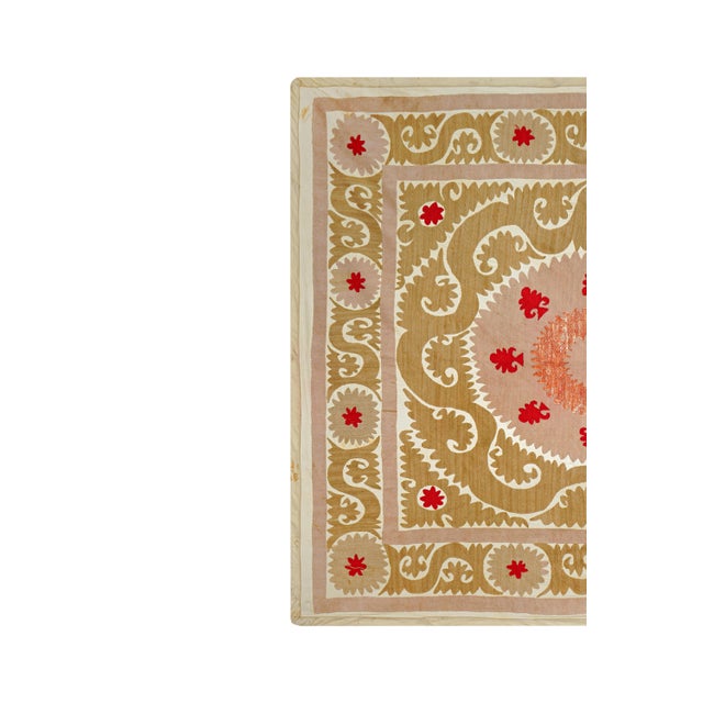 Suzani Wall Hanging Decor - Pastel Suzani Table Cloth - Tan Uzbek Embroidery Tapestry 4'4'' x 4'10'' Dimension; 53'' x 60"...