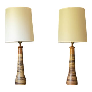 Vintage Pair of Stoneware and Walnut Accent Table Lamps by Jane and Gordon Martz For Sale