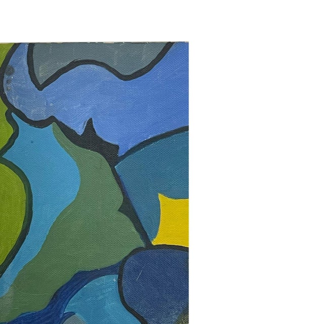 Vintage Abstract Geometric Acrylic Painting on Canvas Board in Blue and Green Tones.. For Sale In Seattle - Image 6 of 10