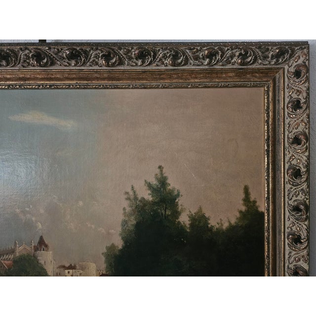 Green Large Windsor Castle Thames Landscape Oil Painting in Ornate Pierced Frame With Picture Light For Sale - Image 8 of 17