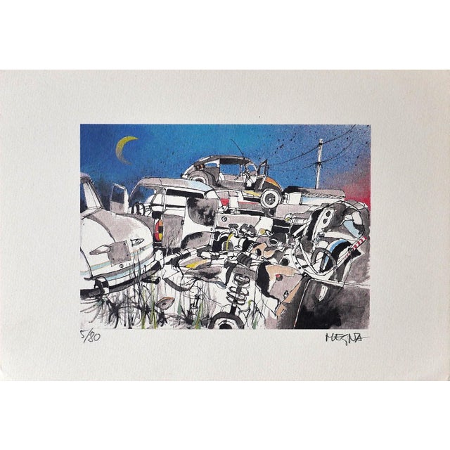Scarp Cars is an original lithograph on paper realized by Giuseppe Megna in 1976 ca. Hand-signed on the lower right and...