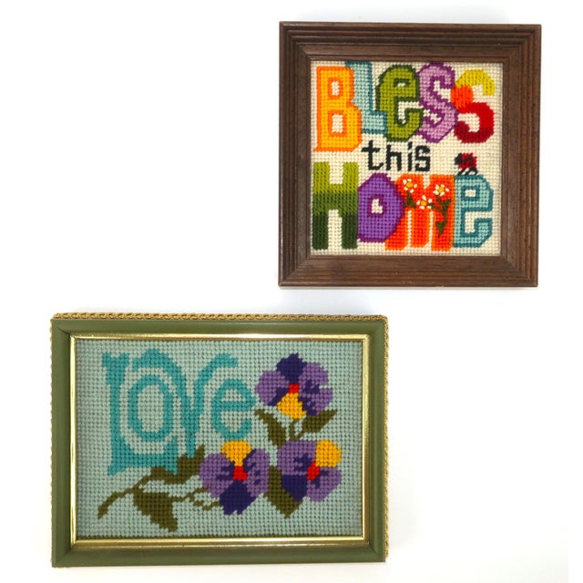 Mid-Century Modern Framed Vintage 'Love' & 'Bless This Home' Needlepoints, a Pair For Sale - Image 3 of 11