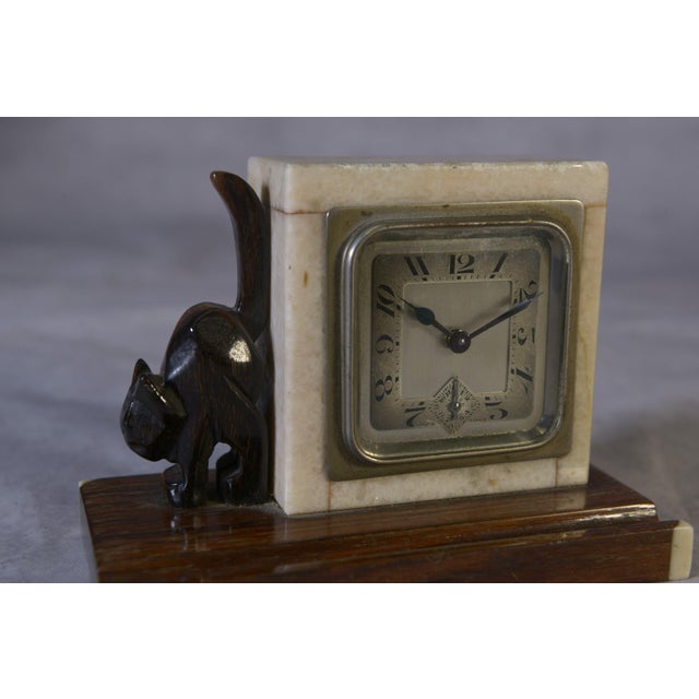 Wood Art Deco Macassar Ebony and Marble Alarm Clock with Small Ebony Cat from Bayart, 1930s For Sale - Image 7 of 10