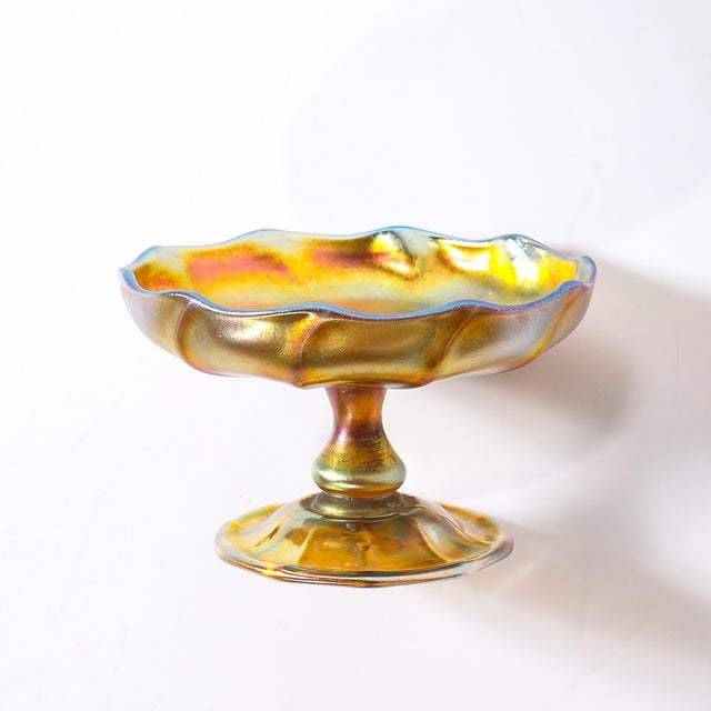 Art Nouveau Iridescent Yellow Blue Favrile Glass Footed Dish Signed Tiffany & Co For Sale - Image 14 of 17
