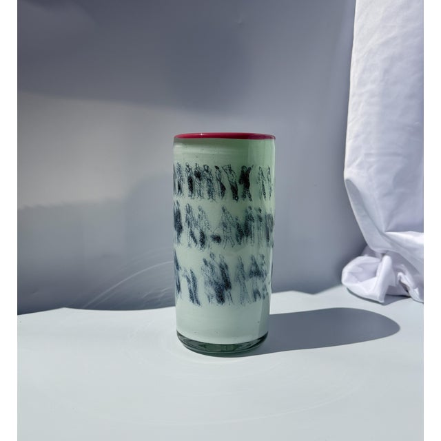 Contemporary Unique Art Glass Vase With Graal Technique Drawings and Pink Rim For Sale - Image 3 of 14