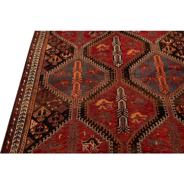 Red Vintage Shiraz Handmade Tribal Pattern Red Wool Rug For Sale - Image 8 of 10