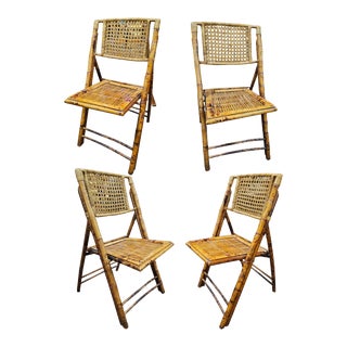 Mid Century Modern Bamboo and Wicker Tortoiseshell Folding Chairs - Set of 4 For Sale