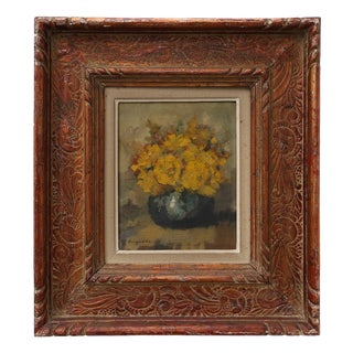 Still Life with Yellow Flowers in a Vase, Ca. 1930-1950, 1920s, Oil on Canvas & Wood For Sale