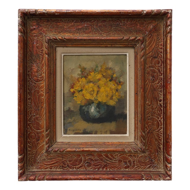 Still Life with Yellow Flowers in a Vase, Ca. 1930-1950, 1920s, Oil on Canvas & Wood For Sale