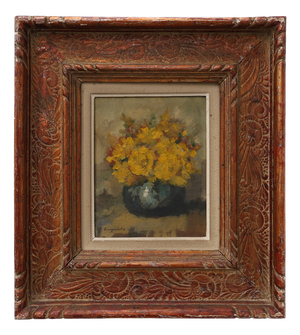 Still Life with Yellow Flowers in a Vase, Ca. 1930-1950, 1920s, Oil on Canvas & Wood