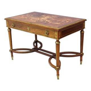 Louis XVI Style Walnut & Ormolu Marquetry & Inlaid 1-Drawer Library Table C1890 For Sale
