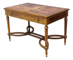 Louis XVI Style Walnut & Ormolu Marquetry & Inlaid 1-Drawer Library Table C1890