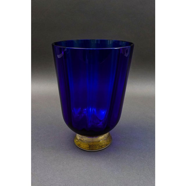 Nason Moretti Signed Murano Italy Blue Aventurine Gold Glass Vase. Measures approximately 6 3/8" diameter, 8 3/4" high.